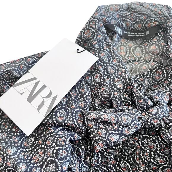 Zara Black Printed Chiffon Tie Neck Long Sleeve Sheer Romper Size XS NWT - Picture 6 of 13